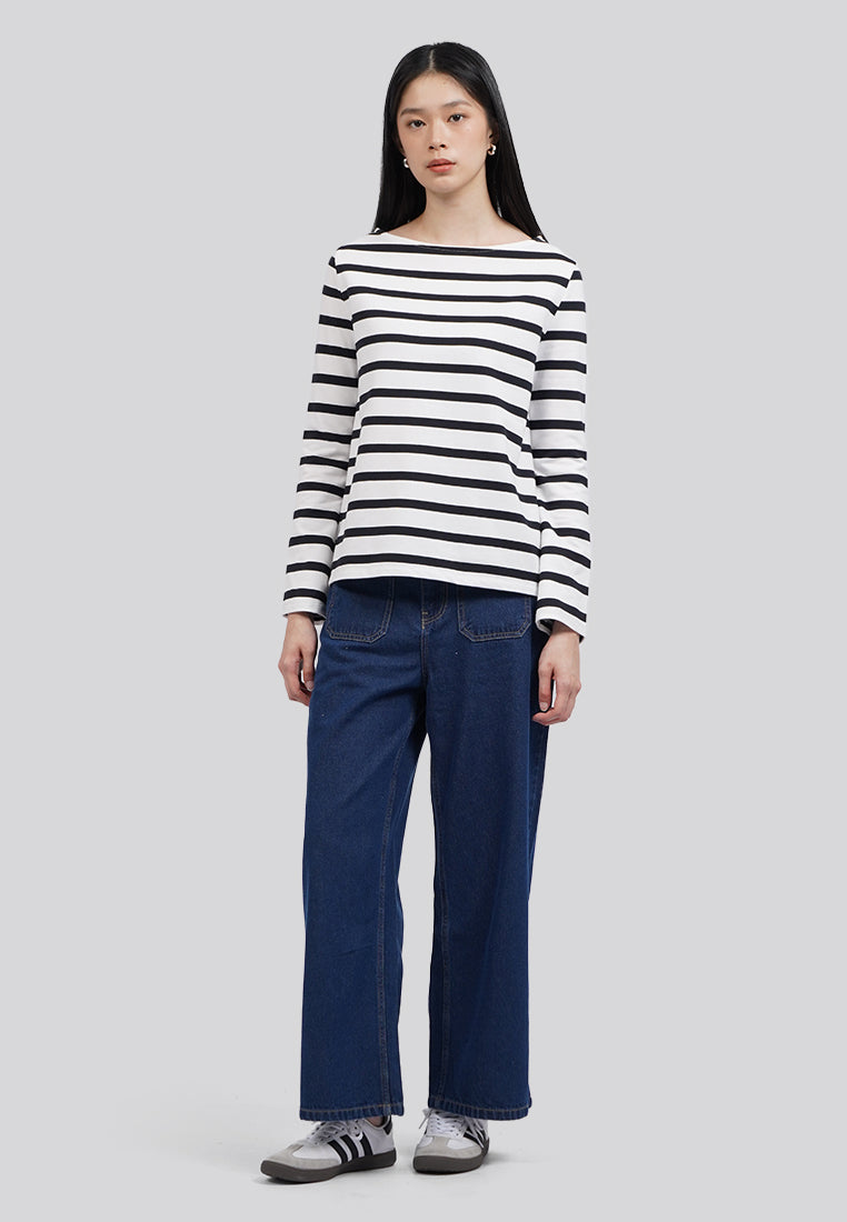 Boat Neck Stripes Long Sleeve Top