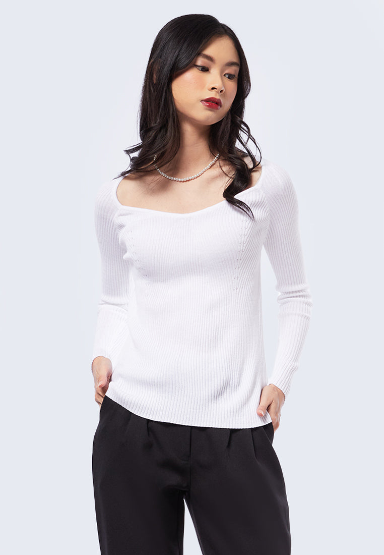 Long Sleeve Rib Bustier Top Off White