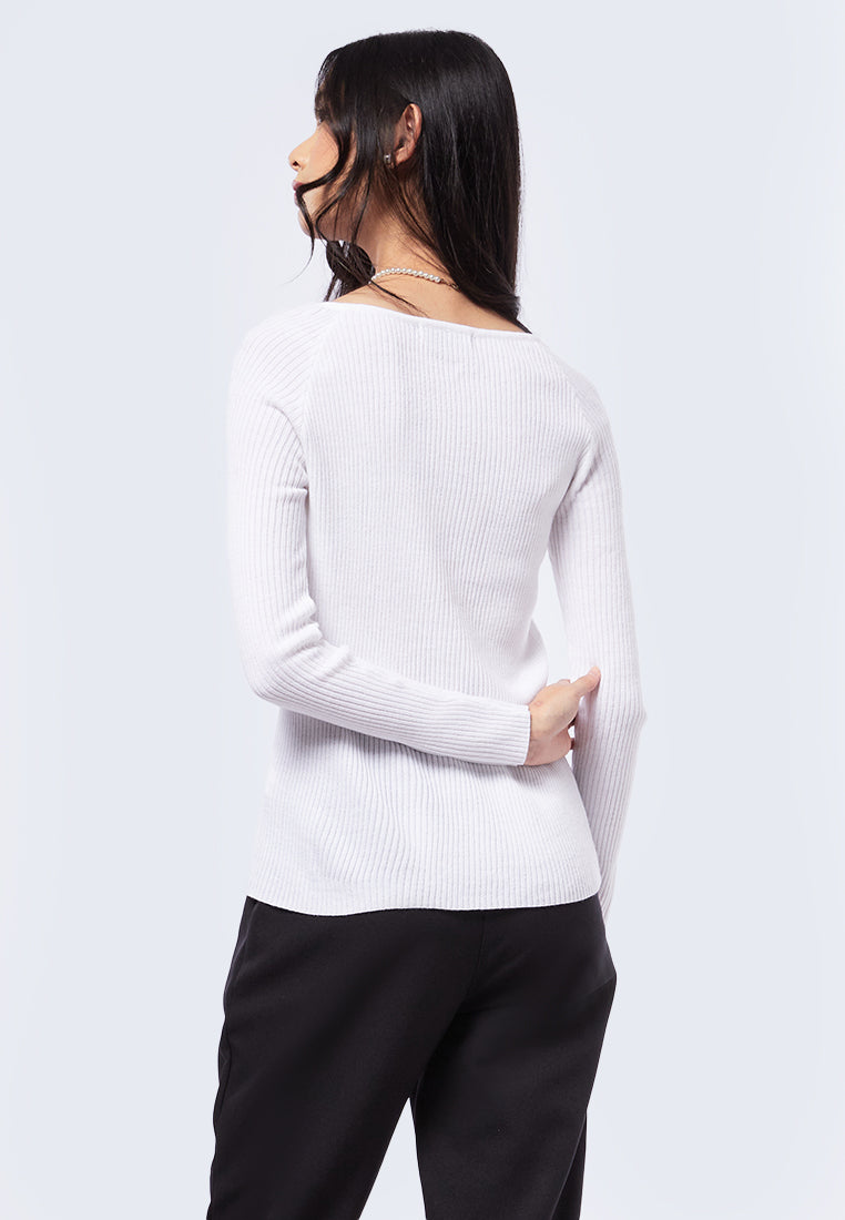 Long Sleeve Rib Bustier Top Off White