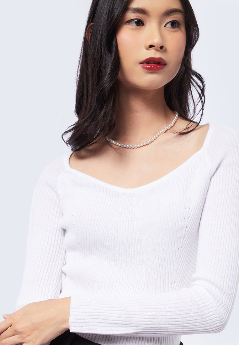 Long Sleeve Rib Bustier Top Off White