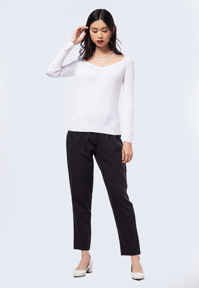Long Sleeve Rib Bustier Top Off White