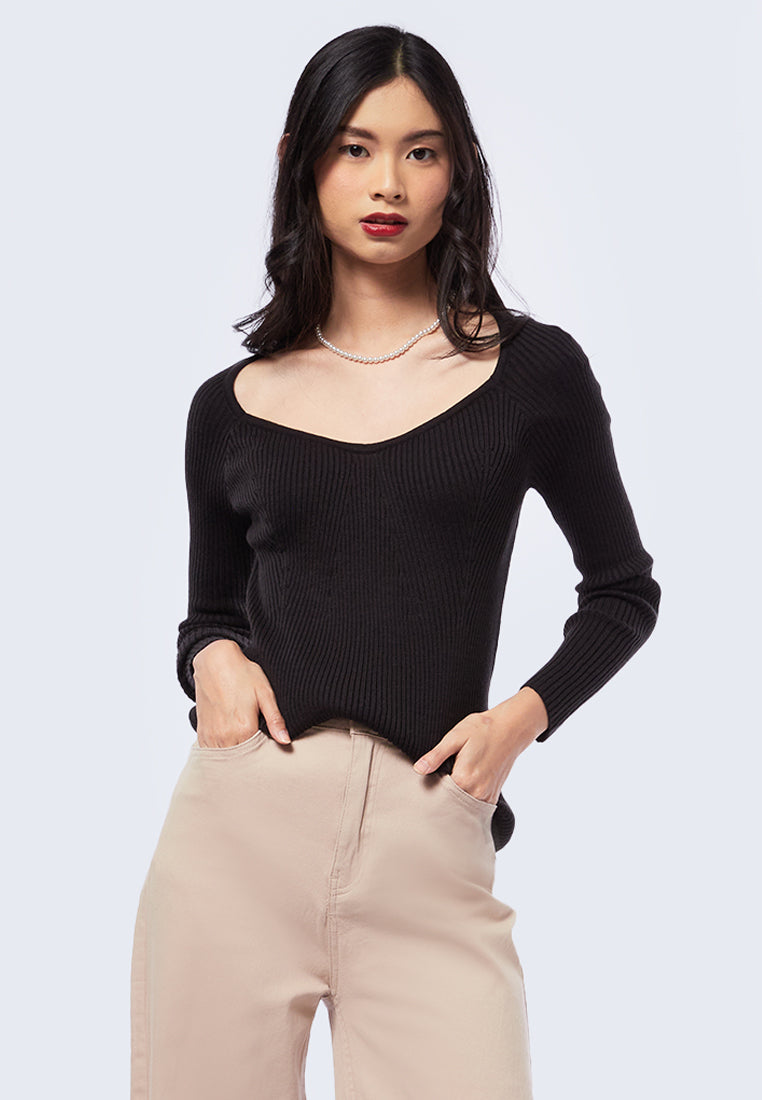 Long Sleeve Rib Bustier Top Black