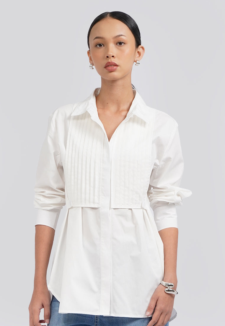 Long Sleeve Tunic with Front Pleat Details Off White