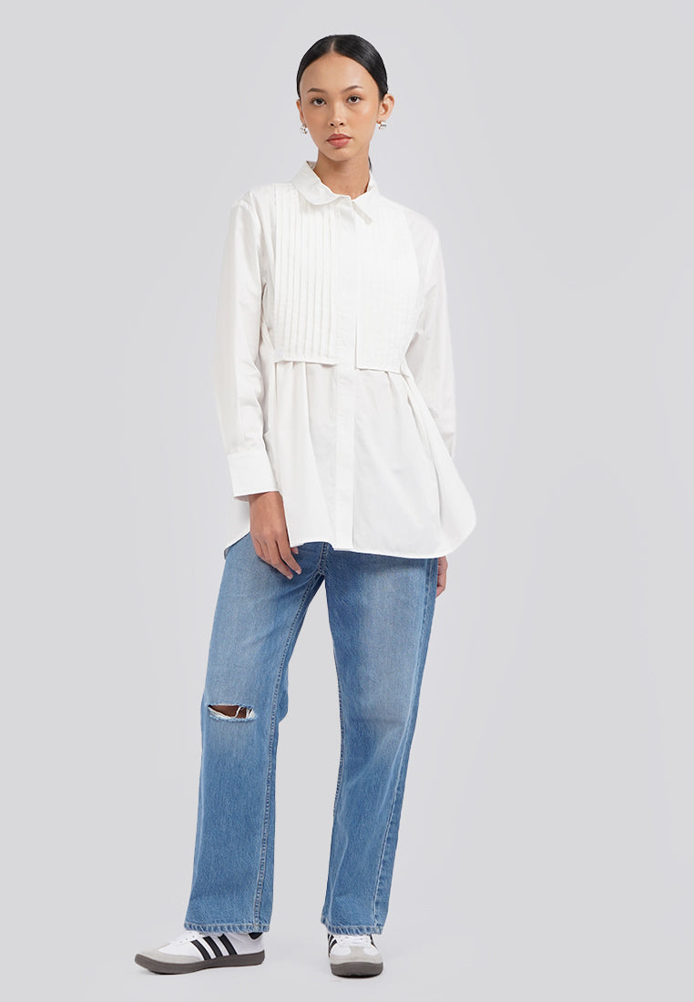 Long Sleeve Tunic with Front Pleat Details Off White