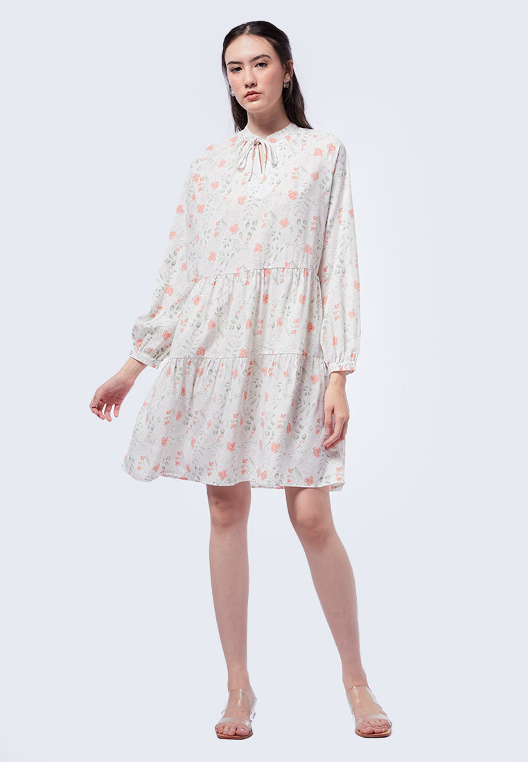 V-Neck Printed Baby Doll Dress