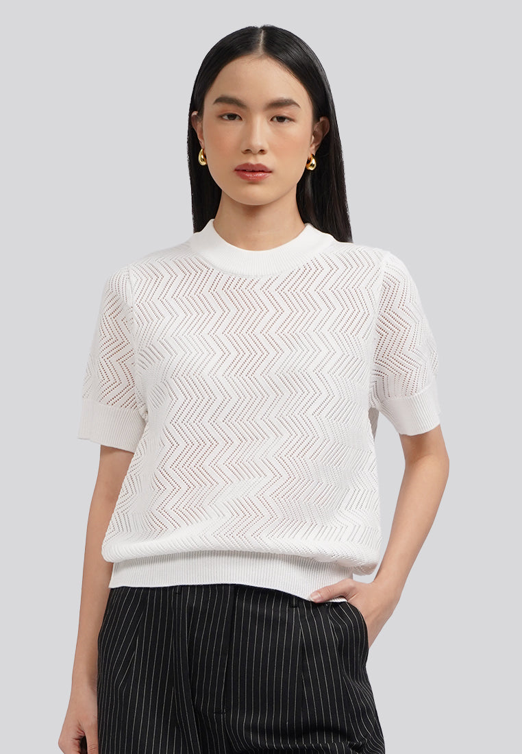 Pointelle Short Sleeve Knit Top Off White
