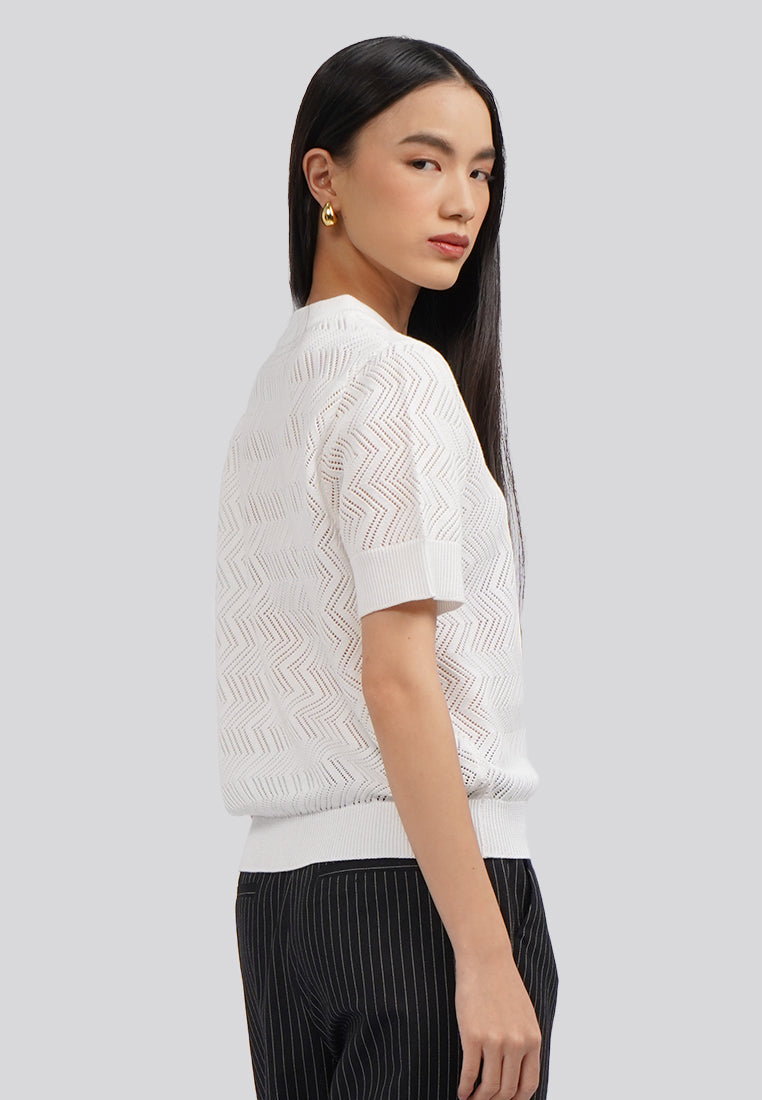 Pointelle Short Sleeve Knit Top Off White