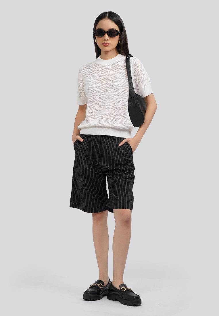 Pointelle Short Sleeve Knit Top Off White