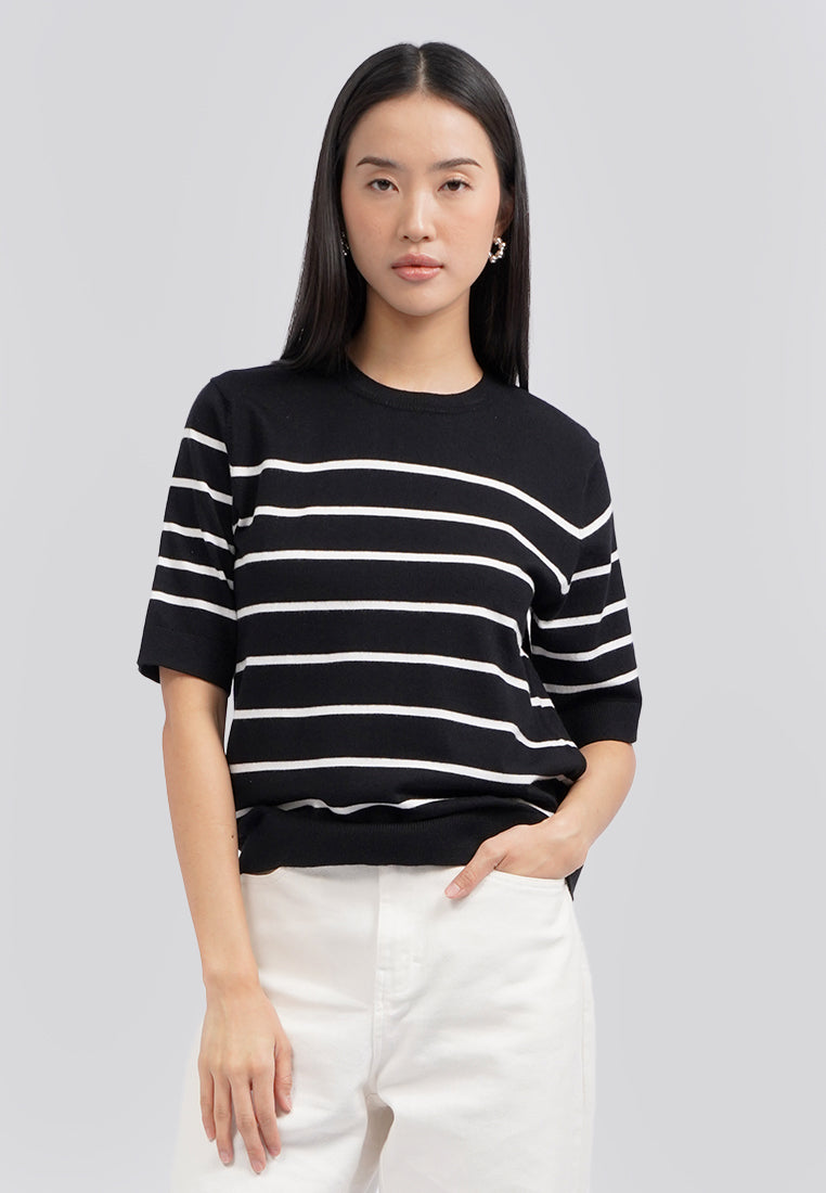 Short Sleeve Stripes Knit Top Black