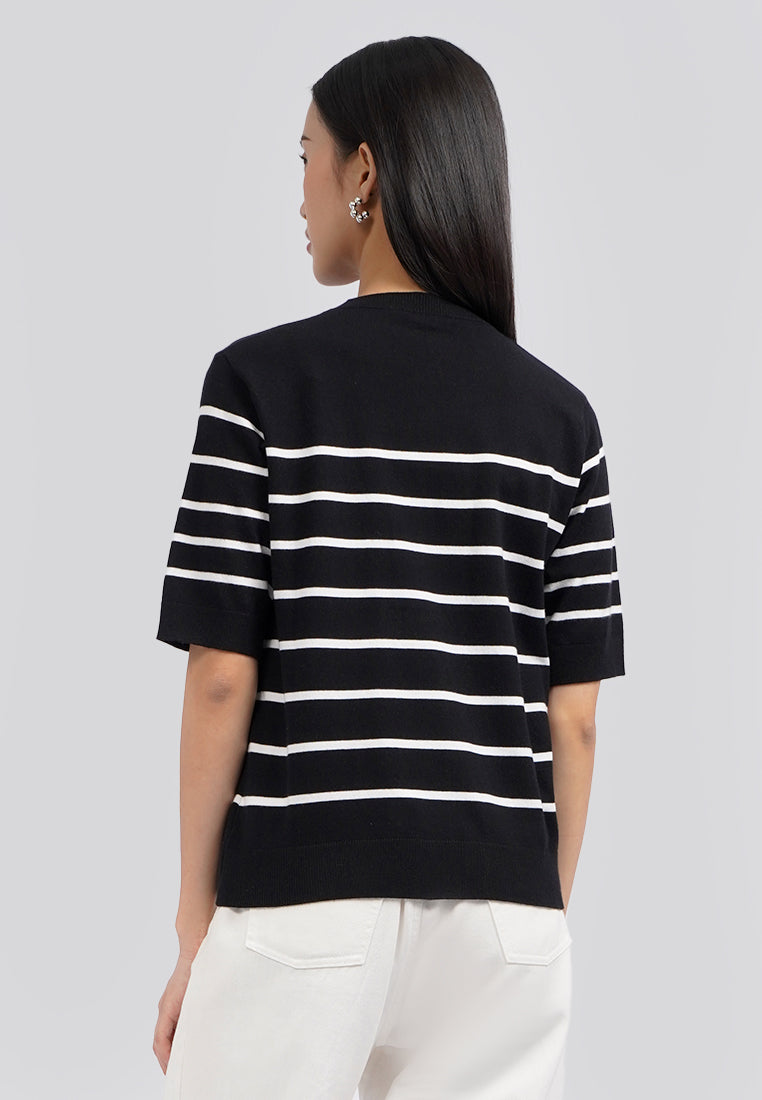 Short Sleeve Stripes Knit Top Black