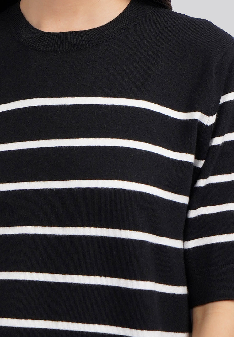 Short Sleeve Stripes Knit Top Black