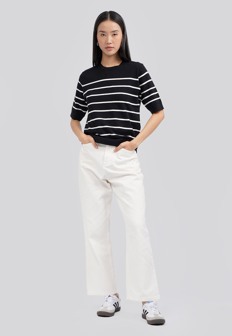 Short Sleeve Stripes Knit Top Black