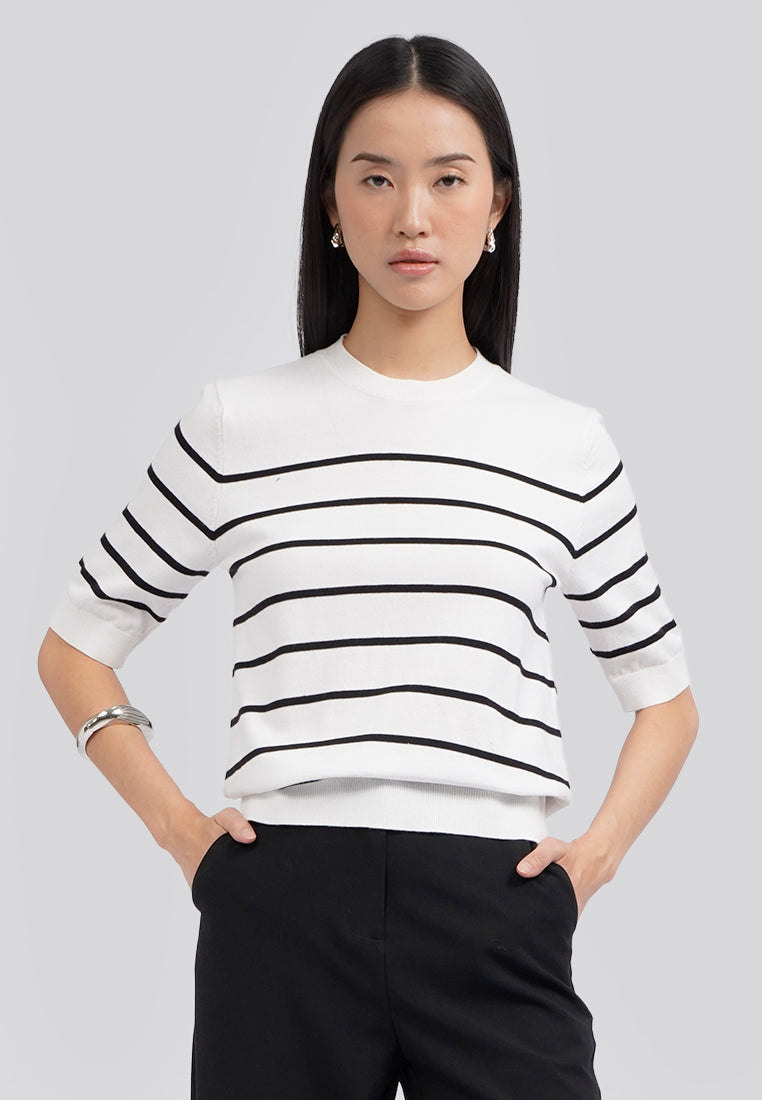 Short Sleeve Stripes Knit Top Off White