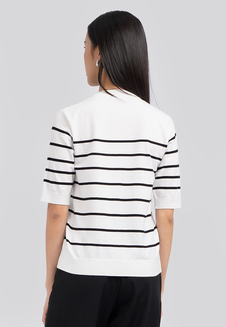 Short Sleeve Stripes Knit Top Off White