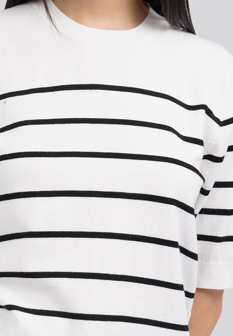 Short Sleeve Stripes Knit Top Off White