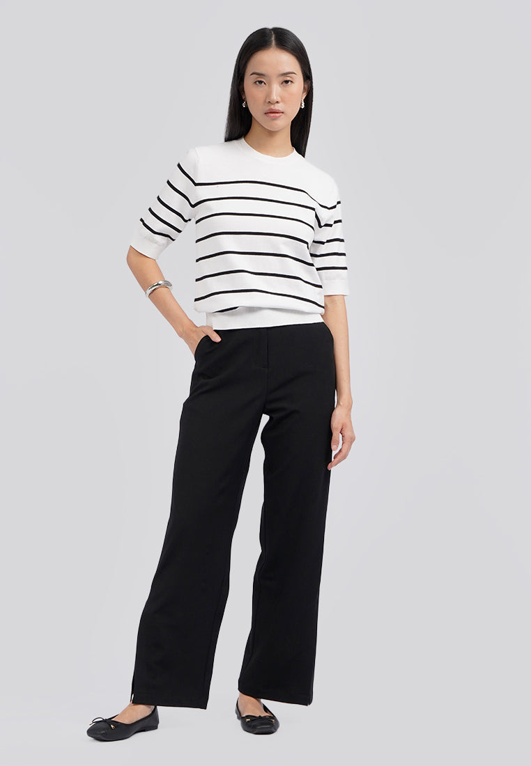 Short Sleeve Stripes Knit Top Off White