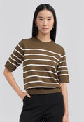 Short Sleeve Stripes Knit Top Olive