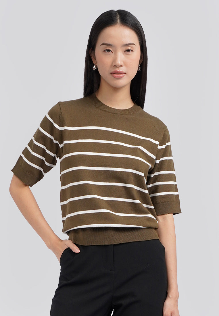 Short Sleeve Stripes Knit Top Olive
