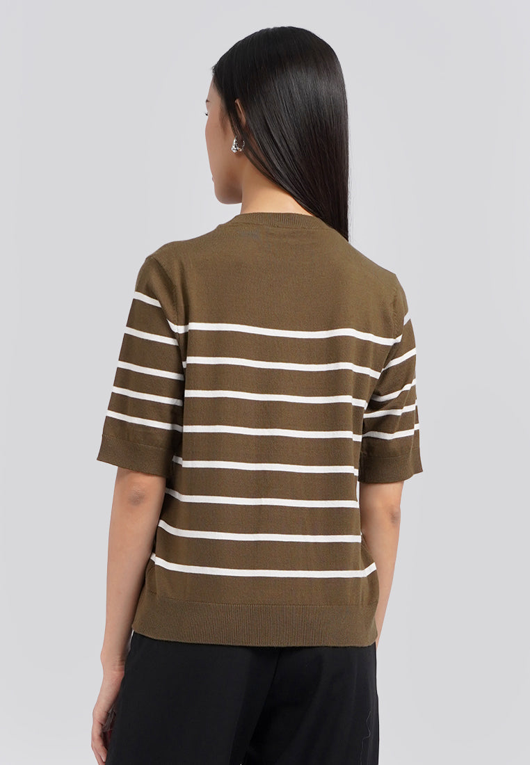 Short Sleeve Stripes Knit Top Olive
