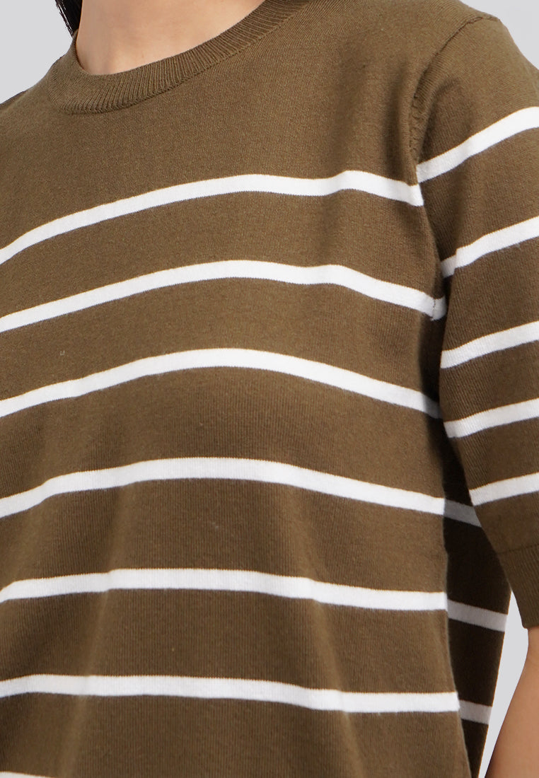 Short Sleeve Stripes Knit Top Olive