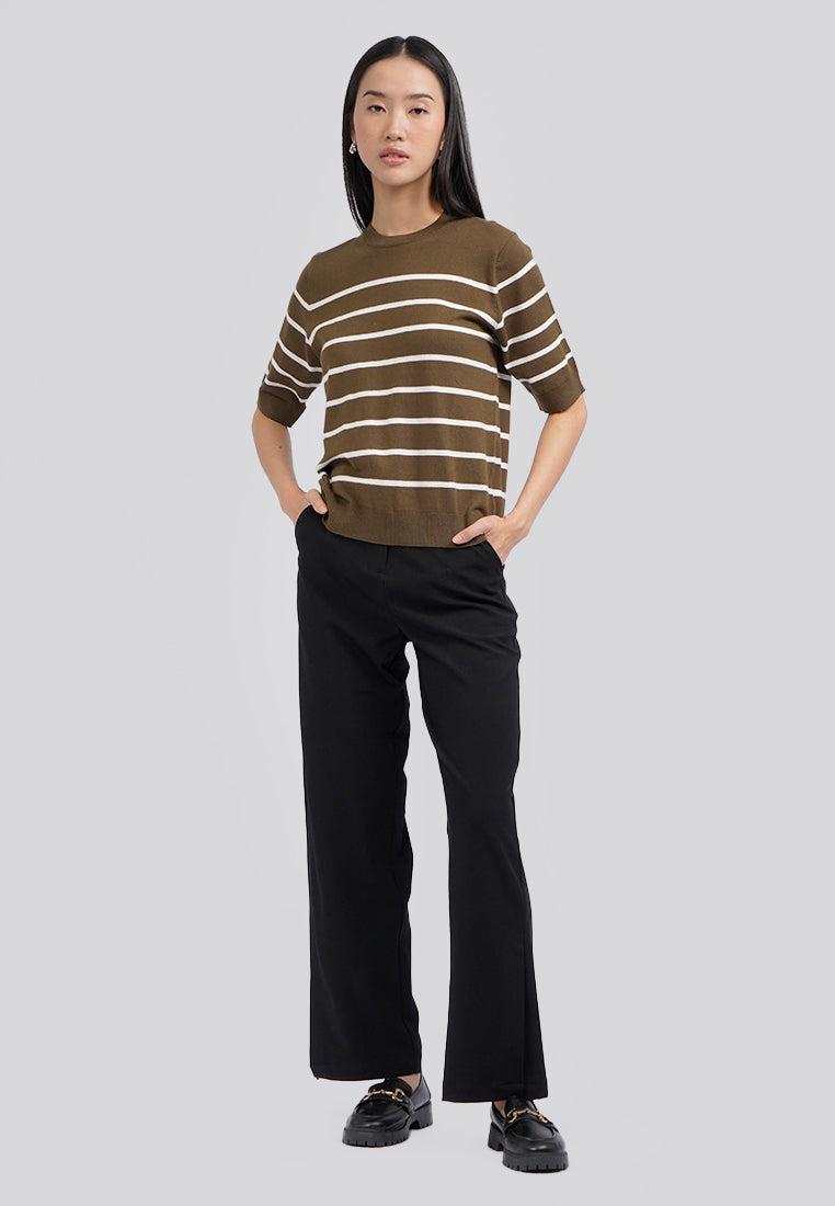 Short Sleeve Stripes Knit Top Olive