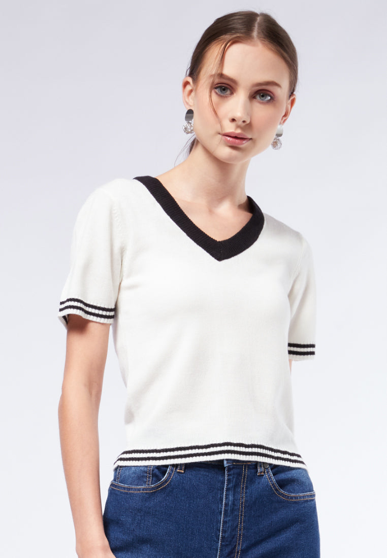 V-Neck Striped Hem Knit Top