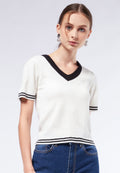 V-Neck Striped Hem Knit Top