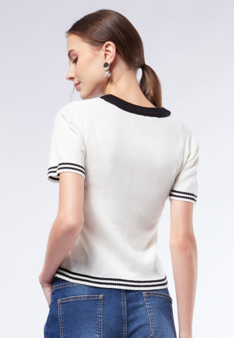 V-Neck Striped Hem Knit Top