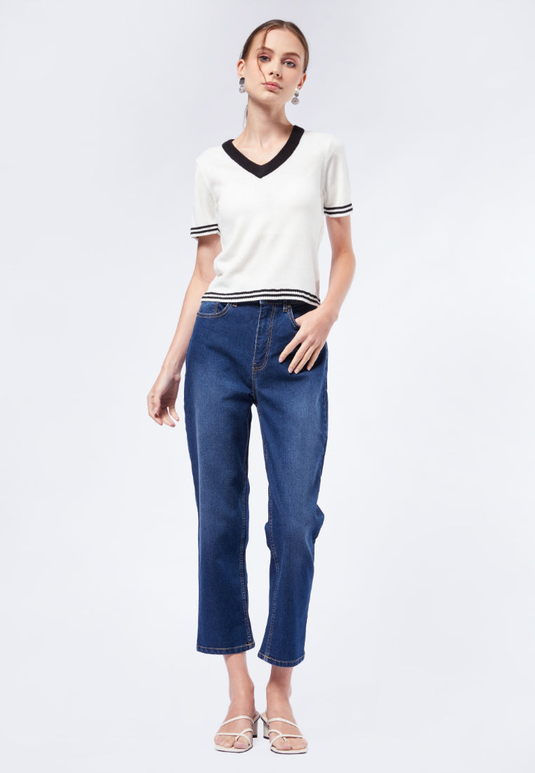 V-Neck Striped Hem Knit Top