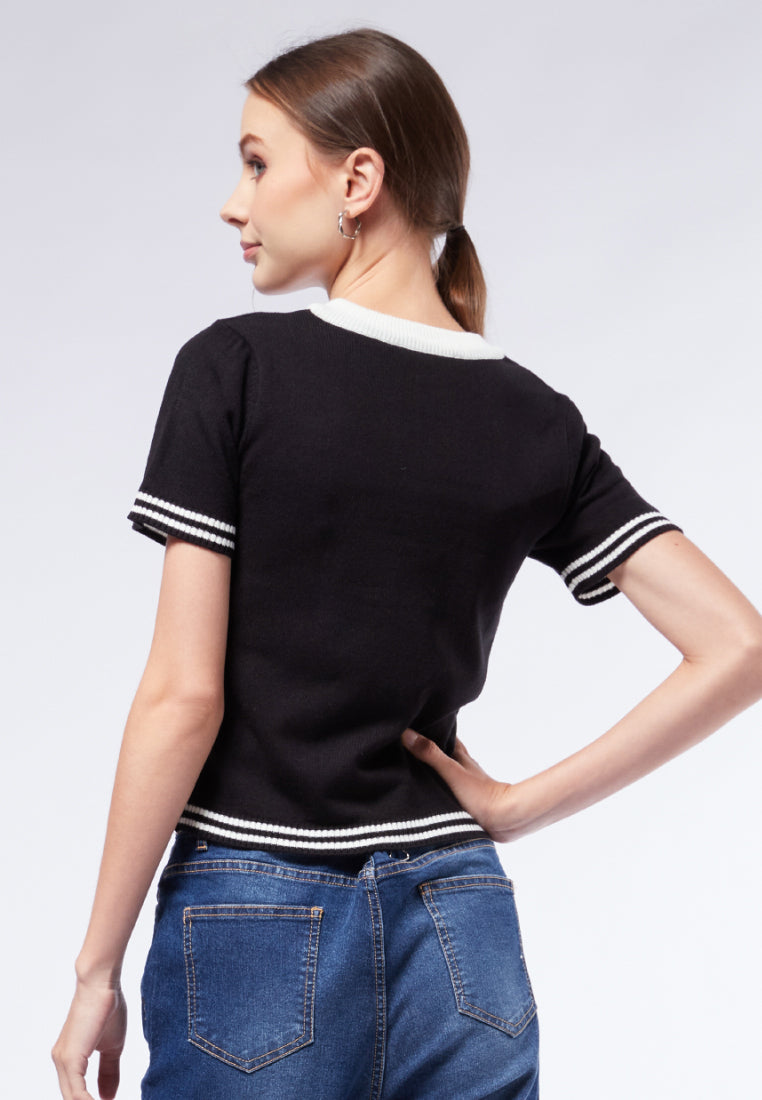 V-Neck Striped Hem Knit Top