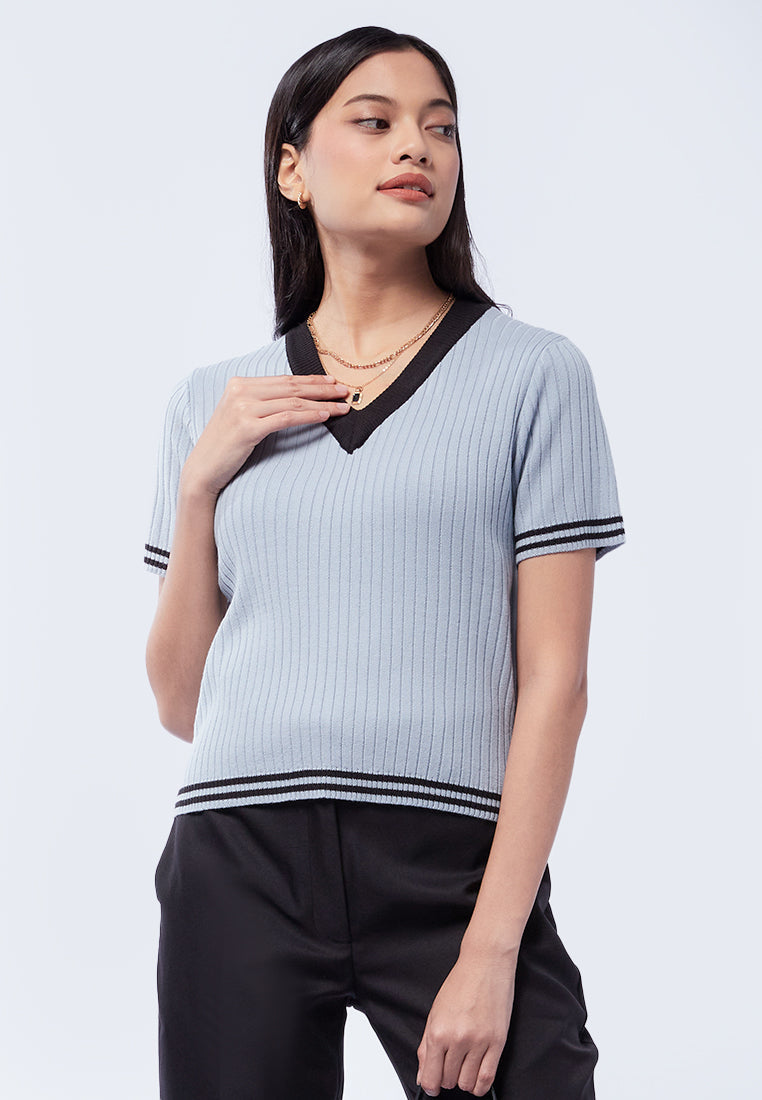 V-Neck Knit Top with Striped Hem