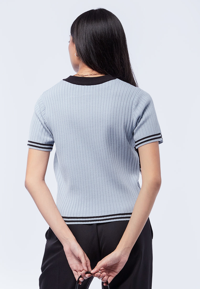 V-Neck Knit Top with Striped Hem