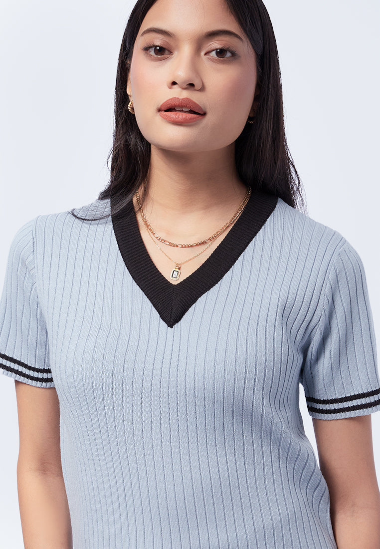 V-Neck Knit Top with Striped Hem