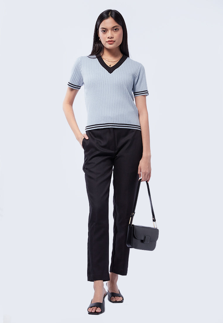 V-Neck Knit Top with Striped Hem