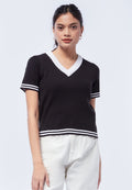 V-Neck Knit Top with Striped Hem