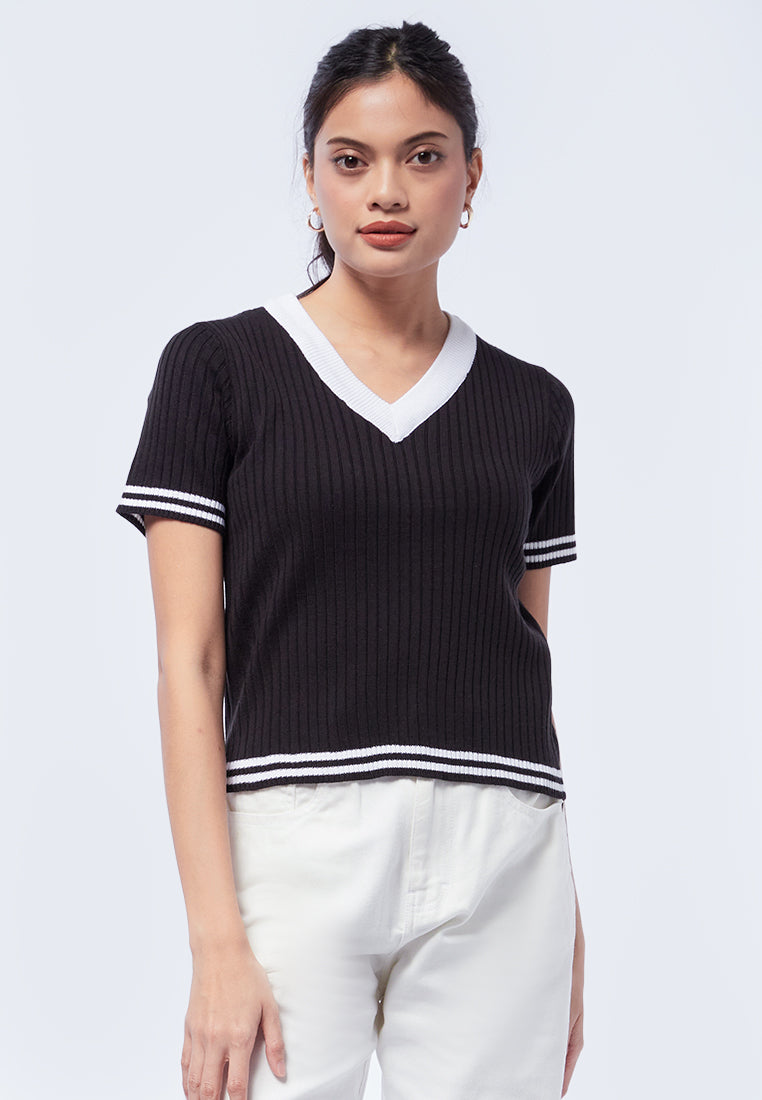 V-Neck Knit Top with Striped Hem