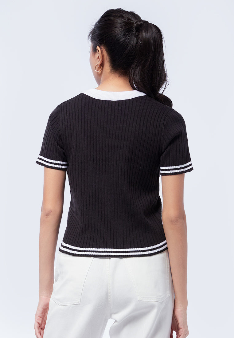 V-Neck Knit Top with Striped Hem