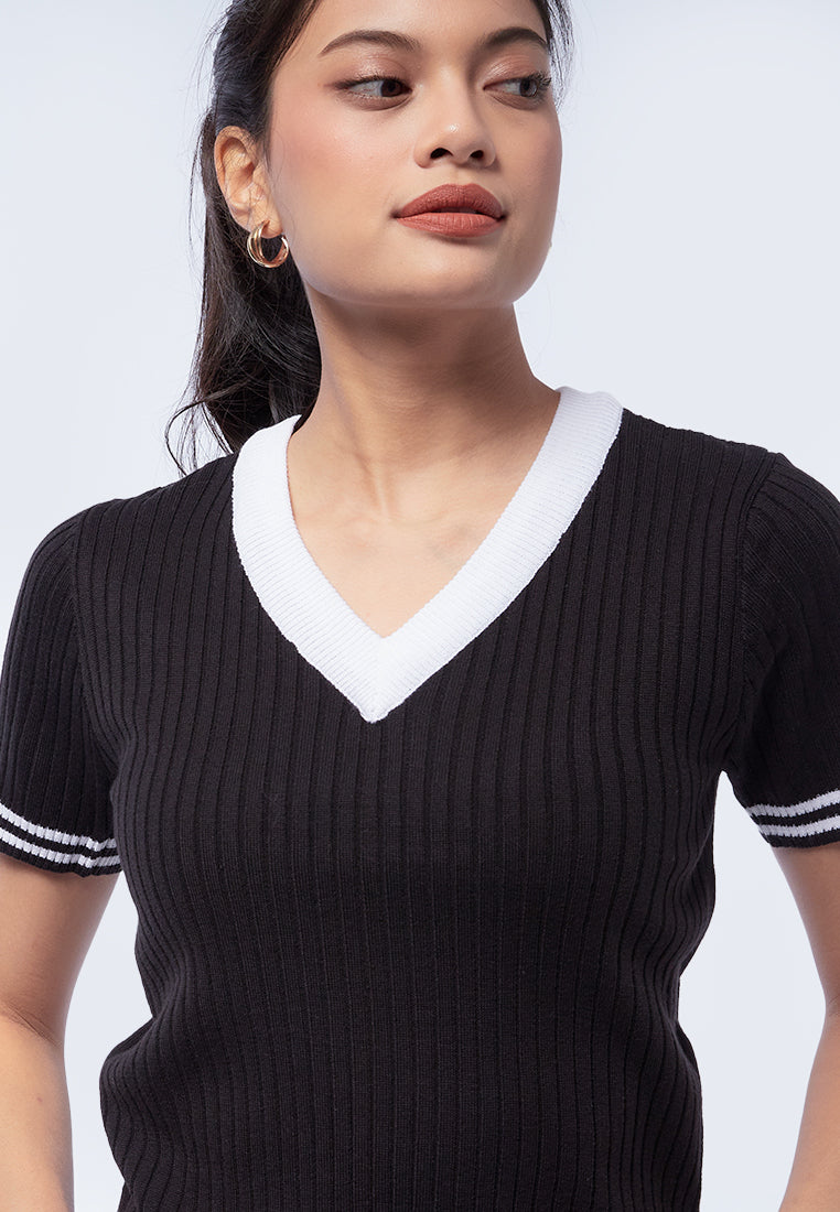 V-Neck Knit Top with Striped Hem