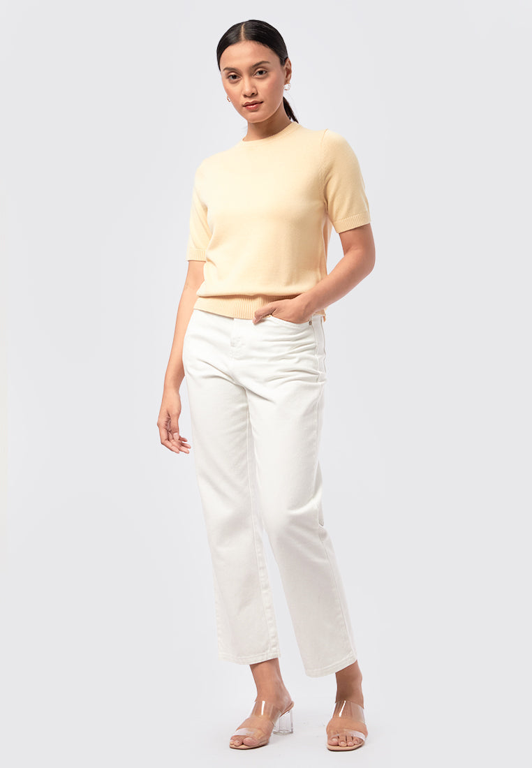 Basic Short Sleeve Knit Top Soft Yellow