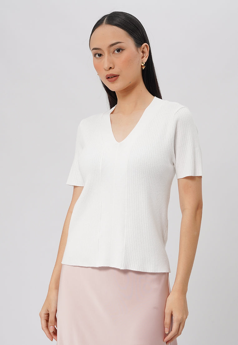 V-Neck Short Sleeve Knit Top Off White