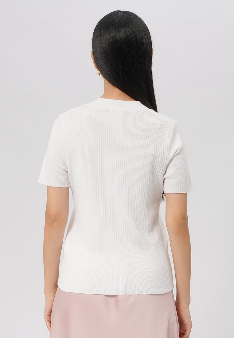 V-Neck Short Sleeve Knit Top Off White