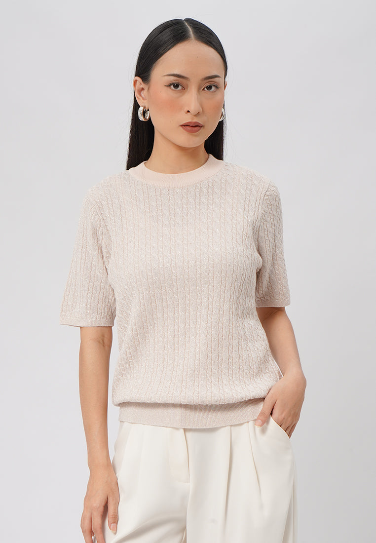 Short Sleeve Cable Knit Top Pink