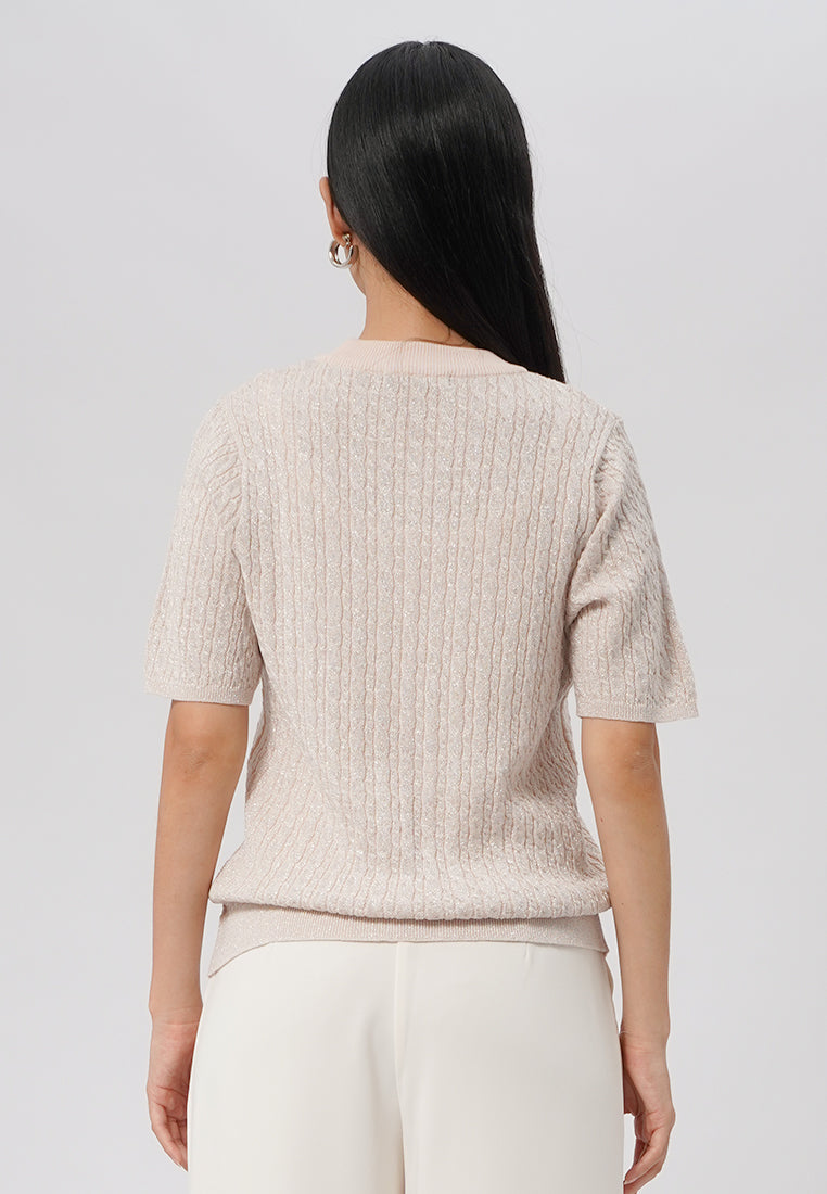 Short Sleeve Cable Knit Top Pink