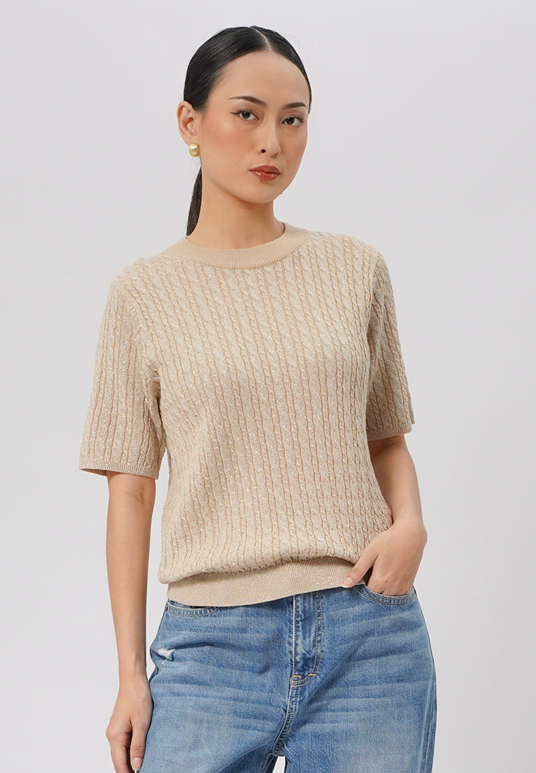 Short Sleeve Cable Knit Top Beige