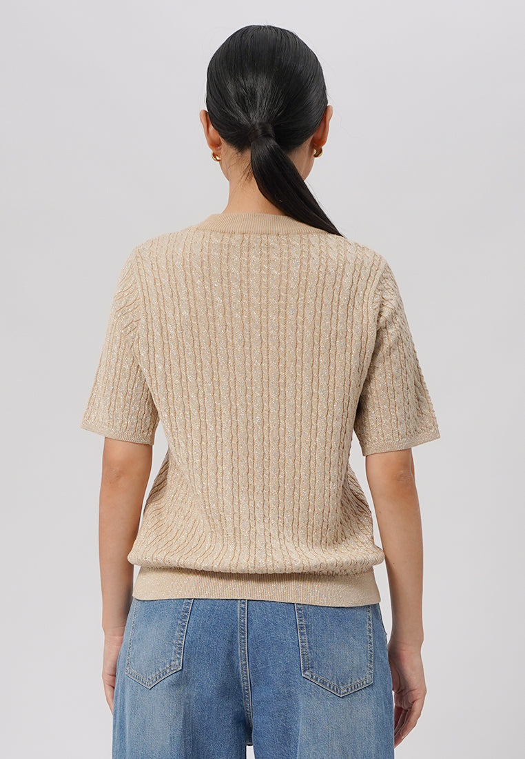Short Sleeve Cable Knit Top Beige
