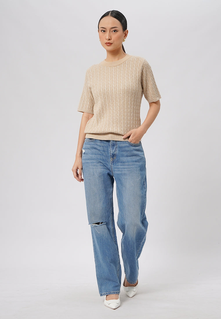 Short Sleeve Cable Knit Top Beige