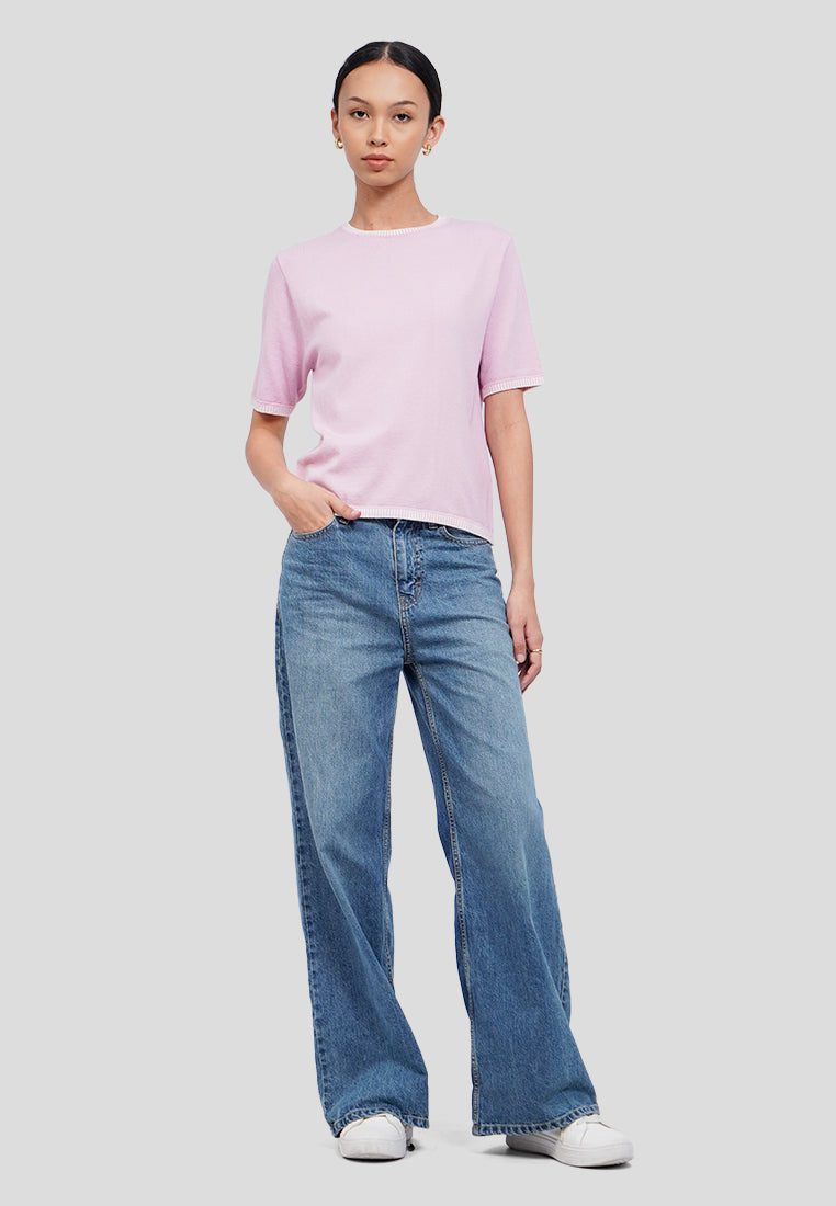 Contrast Stitch Short Sleeve Knit Top