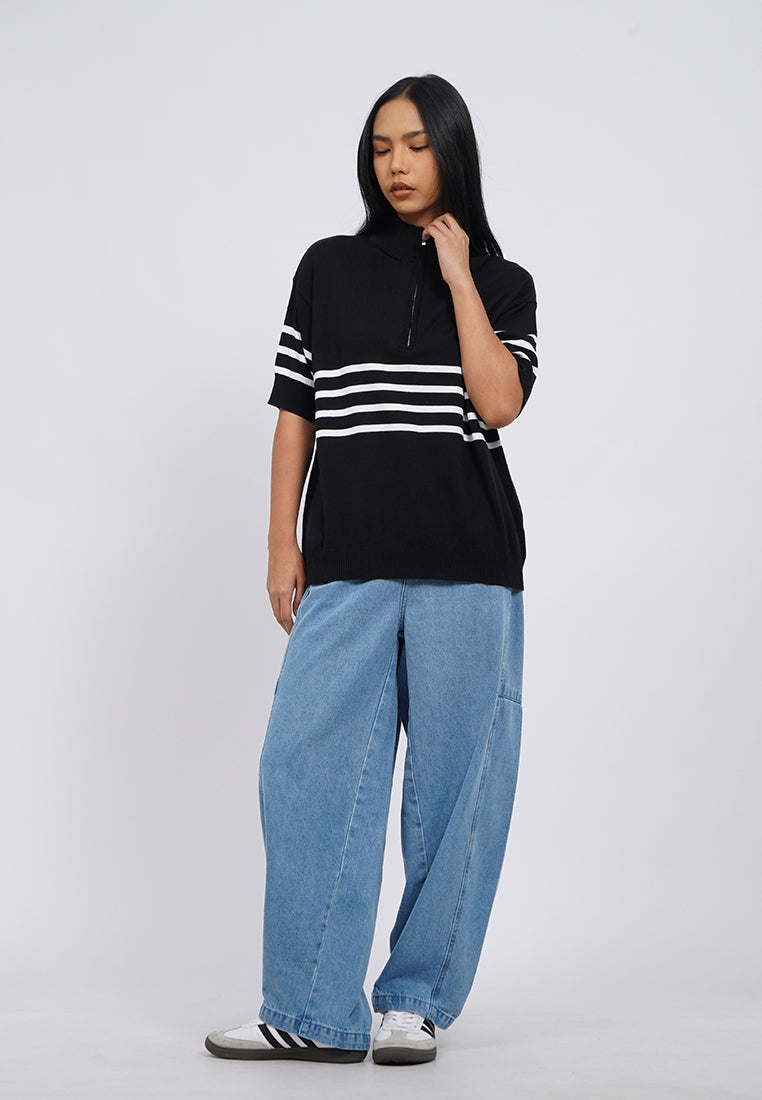 Short Sleeve Zipped Knit Top