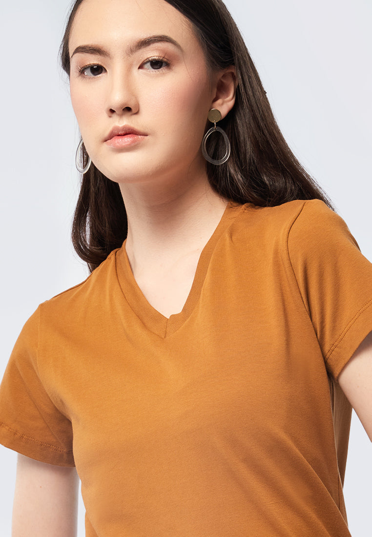 Basic V-Neck Cotton T-Shirt Bronze