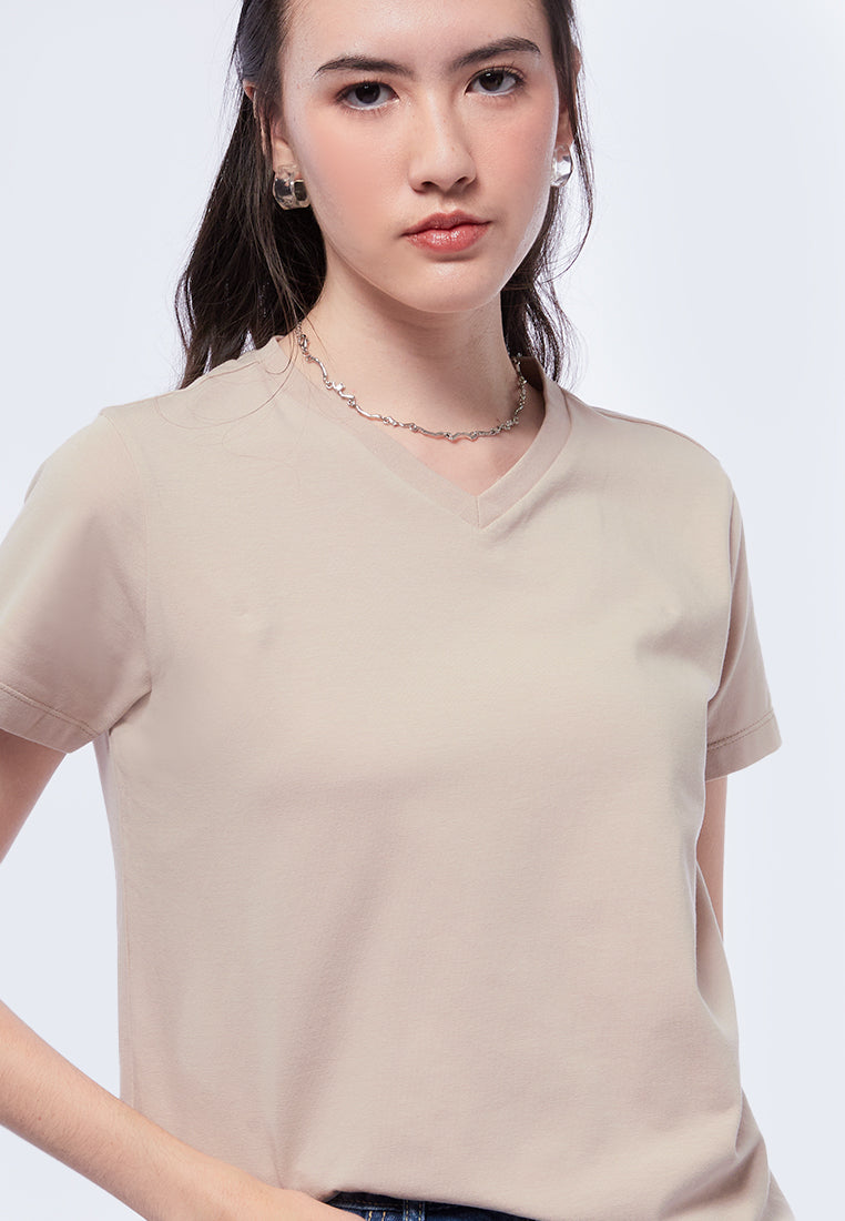 Basic V-Neck Cotton T-Shirt Wheat
